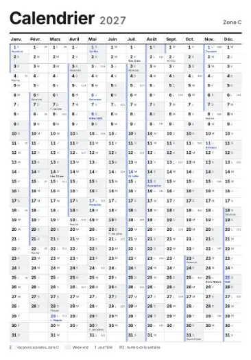 Calendrier 2027 à imprimer : feuille d'exemple