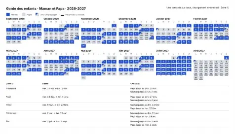 Calendrier de garde alternée : feuille d'exemple