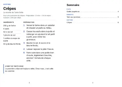 Livre de recettes de famille : feuille d'exemple