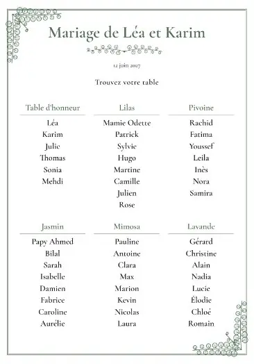 Plan de table de mariage : feuille d'exemple